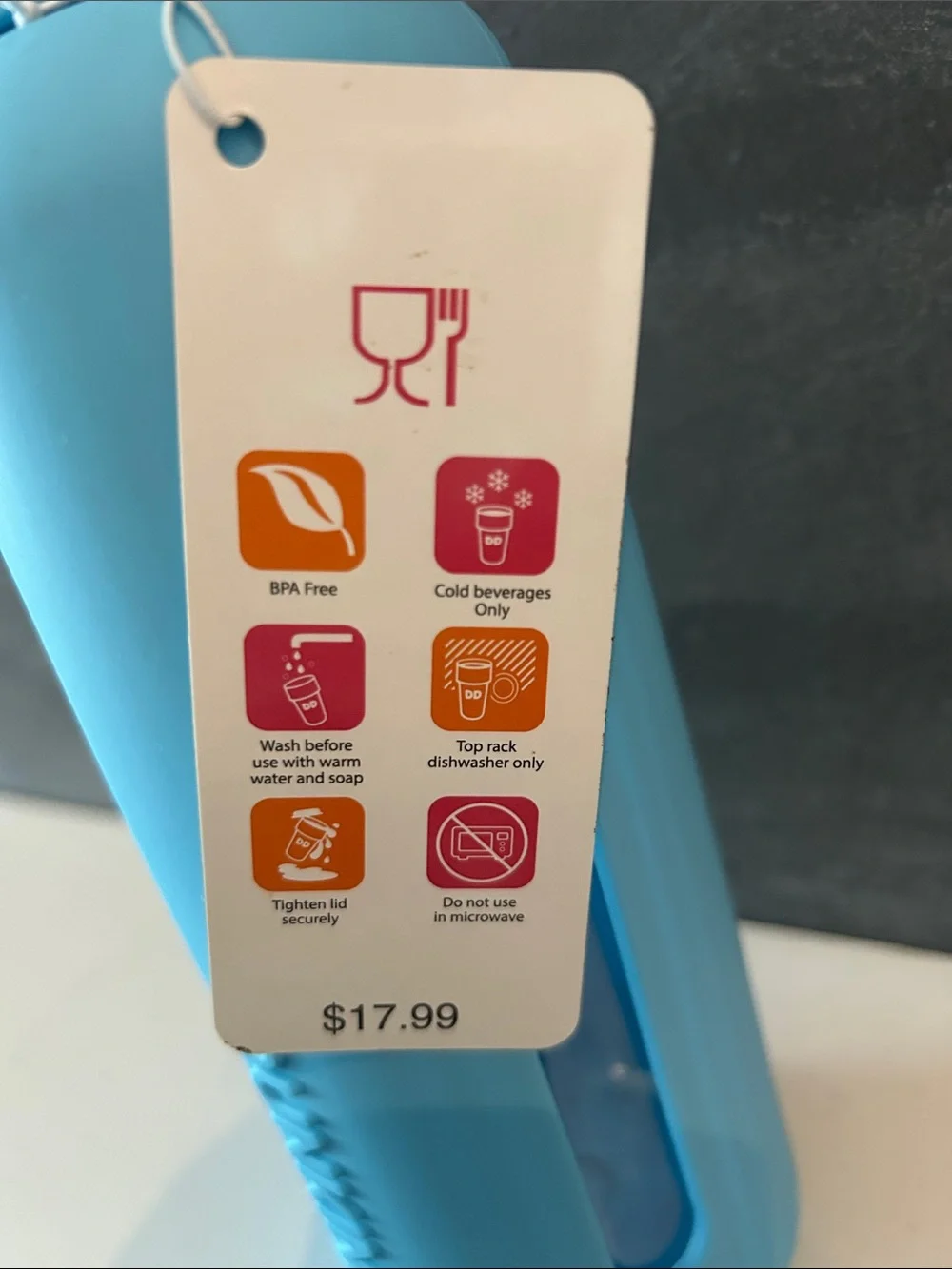 Dunkin Blue Reusable Water Bottle - Leak-Resistant Travel Bottle 24oz.